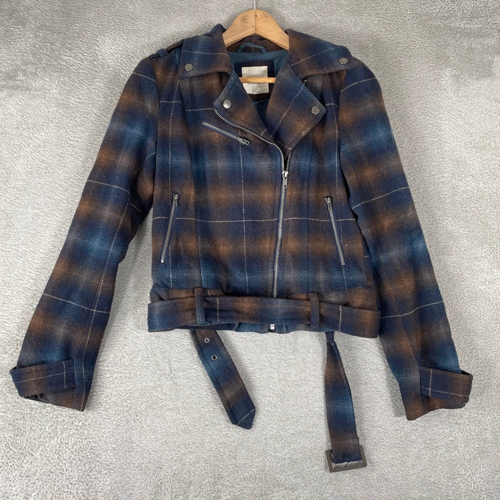 Heritage 1981 Jacket Womens Small Blue Plaid Wool Blend Y2K Moto Belted Biker